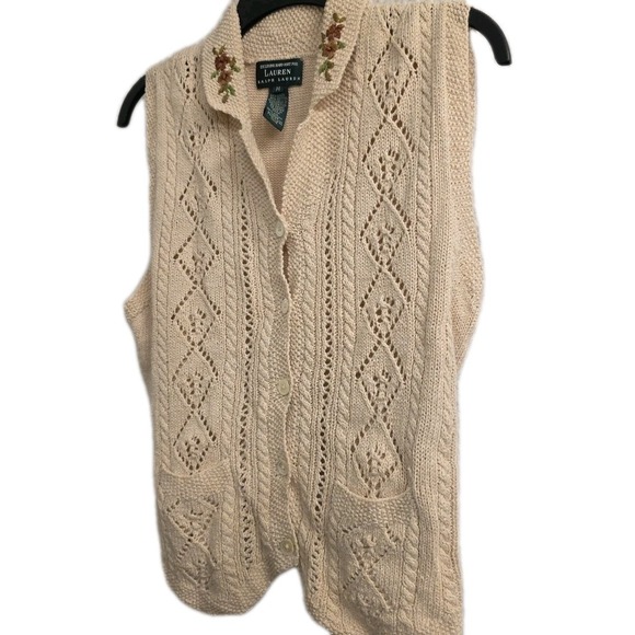 RALPH LAUREN WOMENS  HAND KNIT CARDIGAN SWEATER BEIGE EMBROIDERED COTTON MEDIUM - Picture 2 of 9